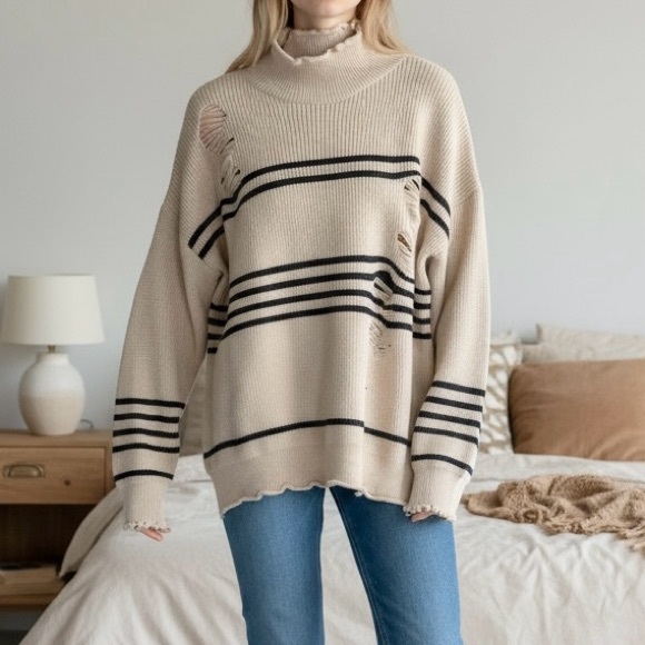 POL NWOT Distressed Beige and Black Striped Turtleneck Sweater - Picture 1 of 9